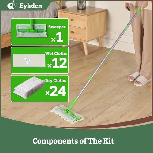 Eyliden Sweeper Mop with 36 Refills - 3 Types of Disposable Dry & Wet Cloths | Lock-Tight Design No Lost Pads, Universal Refills, Multi-Surface Sweeping Starter Kit for Pet Hair, Dust, Floor Cleaning - Image 5