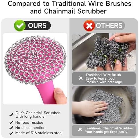 SUBEKYU Cast Iron Scrubber with Silicone Handle, Stainless Steel Skillet Cleaner for Cast Iron Pans (Pink) - Image 3