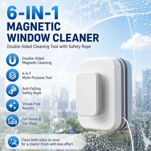 6-in-1 Magnetic Window Cleaner, Magnetic Window Cleaner Double Sided with Anti-Falling Rope, Magnetic Car Windshield Cleaner Tool, Dual Pads + Squeegee, Fit for 1/8"-1'' Glasses，5/8"-1'' - Image 2