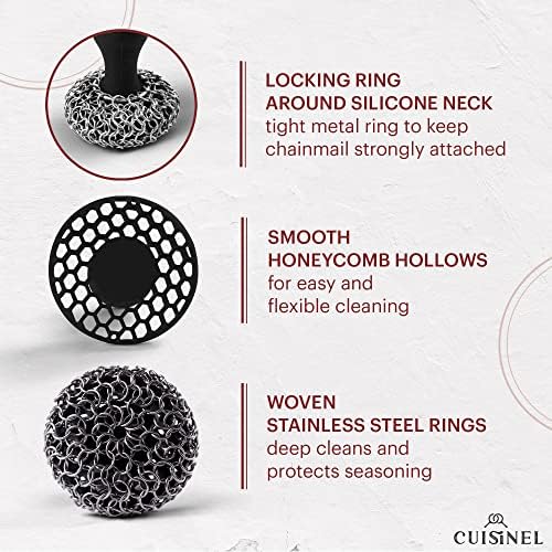 Cuisinel Cast Iron Chainmail Scrubber + Pan Scraper - Ergonomic Design Stainless/Silicone Cleaner for Pots & Skillets - Easy to Clean, Dishwasher Safe, Cookware Sponge Accessory - Image 5