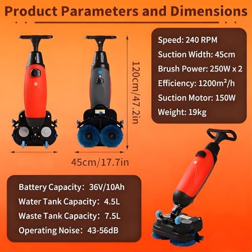 Commercial Floor Scrubber and Carpet Extractor, Self-Propelled 18”, 36V/10.5Ah Cordless with 80 Min Run, 1.7Gal Large Waste Tank 116x45x36cm Red - Image 4
