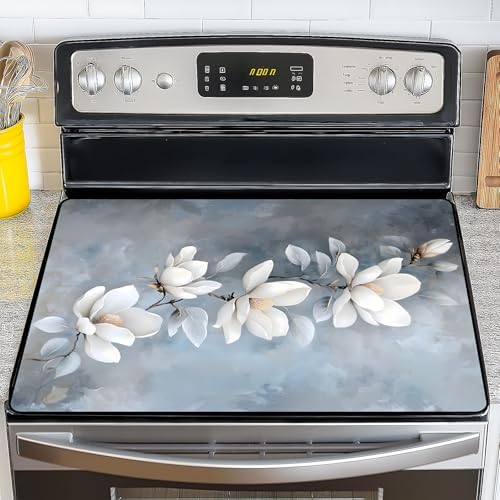 NYZE Stove Top Cover for Electric/Glass Stove, 28x20 Inch Stovetop Cover Flat Top Protector Dish Drying Mat for Kitchen (White Magnolia) by GIVEYOUTHEBEST