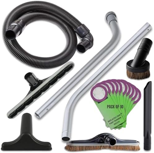 1.5” Backpack Vacuum Accessory Kit Includes Hose, 2-Piece Aluminum S-Wand, 14” Floor & Scallop Brushes, Dust & Upholstery Tools, 15” Crevice Tool, 10-Pack 100331 Vacuum Bags–10 Qt Size by ALLPARTSETC