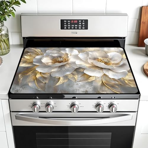 Multi-Design Stove Top Cover for Glass/Electric Stoves - 3-in-1 Heat-Resistant Protector Mat, Non-Slip Drying Rack 28"x20" (Peony, 28" L x 20" W) by AOHMPT