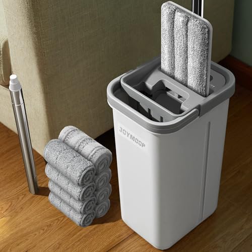 JOYMOOP Flat Mop and Bucket Set, White Microfiber Flat Mop System, Hands-Free Floor Cleaning Kit, 8 Washable Microfiber Pads, Wet and Dry Use, Commercial & Household Floor Cleaning Kit by JOYMOOP