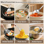 9 Pcs Cooking Utensils Set, Stainless Steel Kitchen Utensils, Heat Resistant Metal Kitchen Tools Include Solid & Slotted Turner Wok Spatula, Serving Spoon, Ladle, Pasta Server, Meat Fork, Tongs Silver - Image 7