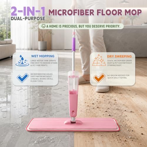 24" Spray Mop Wet Dry Heavy Duty 28oz 55" Handle 2 Pads (Pink, 24inch) - Image 4