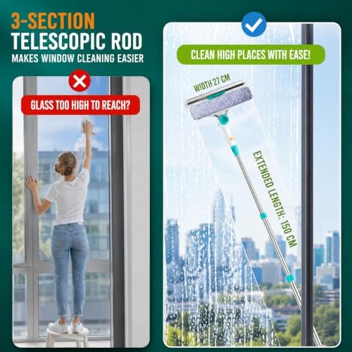 ORIXA U Shaped Window Cleaner for Outside Windows, Extendable Telescopic Pole with Rotatable Squeegee Head, Clean Exterior Glass from Inside, 2 Reusable Microfiber Cloths - Image 2