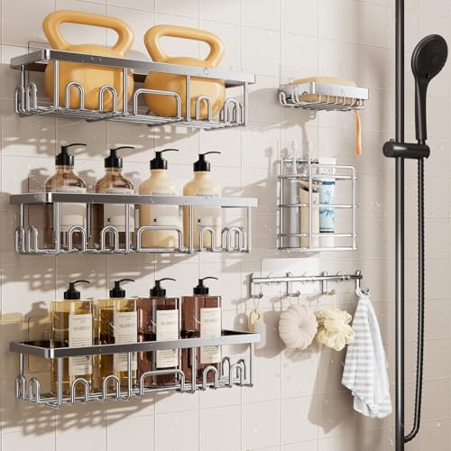 Veken Shower Caddy 6-Pack, Advanced Rustproof Design, No Drilling Adhesive Shelves, Rack with Soap Holder, Large Capacity Bathroom Organizers and Storage, Wall-Mounted Kitchen & Home Decor, Silver by Veken