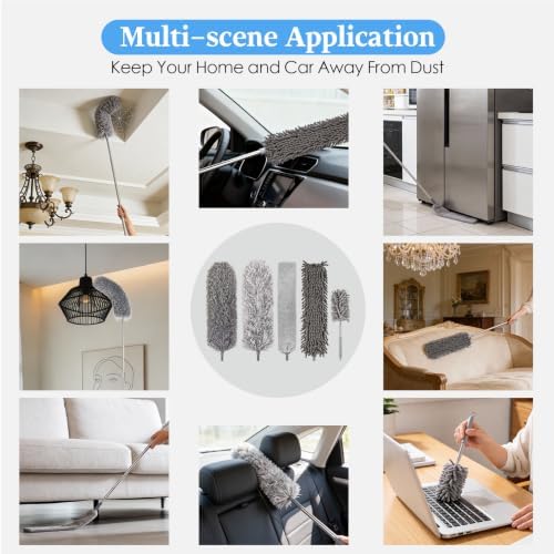 Microfiber Feather Duster Kit with Extension Pole, 7 PCS Washable Reusable Duster for Cleaning, 100'' Bendable Extendable Long Duster with Stainless Steel Pole for High Ceilings, Fans, Furniture & Car - Image 6