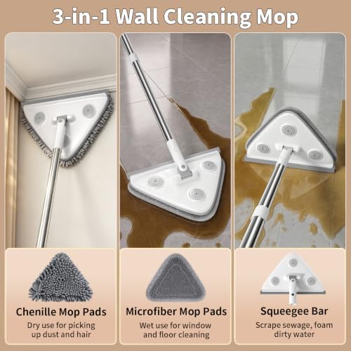 Long Handle Wall Mop & Baseboard Cleaner, 3-in-1 Wall Cleaner Mop with Extension Pole & Squeegee, Ceiling Cleaning Tool Duster with 3 Microfiber and 3 Chenille Pads for Windows, Floors, Cabinet - Image 2