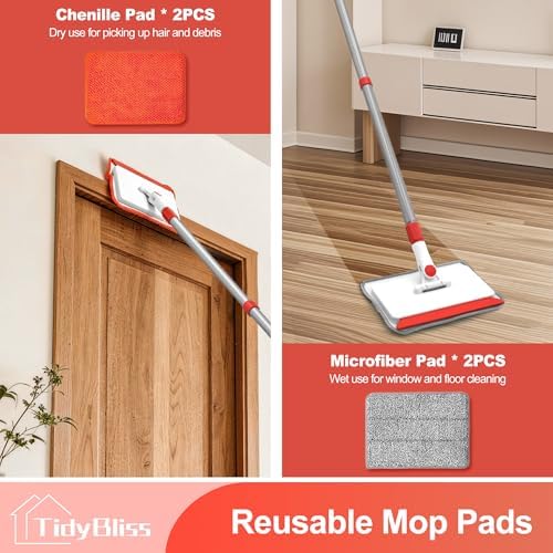 TidyBliss Baseboard Cleaner Tool with Handle, 55.9” Long Wall and Base Board Cleaning Mop, 4 Reusable Pads, 1 Stiff Bristle Scrubber Brush for Floorboard Ceiling Cabinet Window Bathroom Kitchen (Red) - Image 3