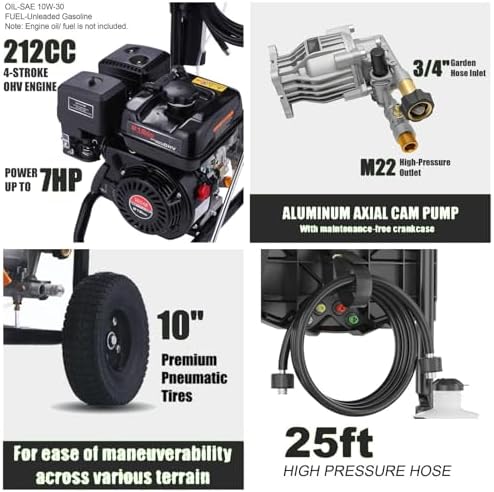 Commercial 4000PSI 4GPM 212CC Gas Pressure Washer, 7.0 HP Heavy-Duty 4-Stroke 3600RPM Professional Gas Power Washer with 9" Wheels/5 Nozzles/25FT Hose/1L Foam Bottle (EPA/CARB/ETL Compliant), Black - Image 5