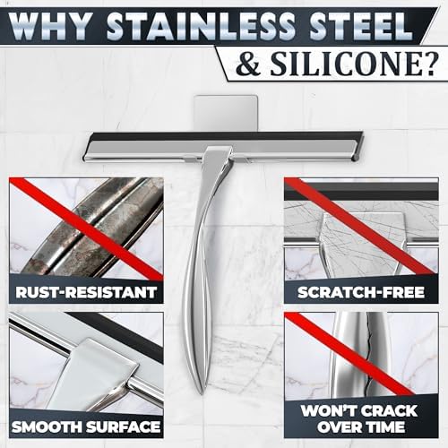 Stainless Steel Shower Squeegee, Glass, Silicone, 10 Inch (Silver) - Image 2