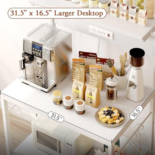 SUPERJARE Bakers Rack with Power Outlets, Microwave Stand, 31.5 X 16.5 Inch Larger Desktop, Kitchen Storage Rack with Adjustable Middle Shelf, 6 S-Shaped Hooks, Coffee Bar Stand, White - Image 5