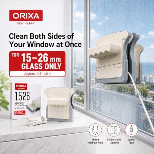 ORIXA Magnetic Window Cleaner, Double Sided Magnetic Glass Cleaning Tool for 15-26 mm Double Pane Windows, Inside Outside Washer with Safety Rope, Microfiber Pads and Squeegee - Image 2