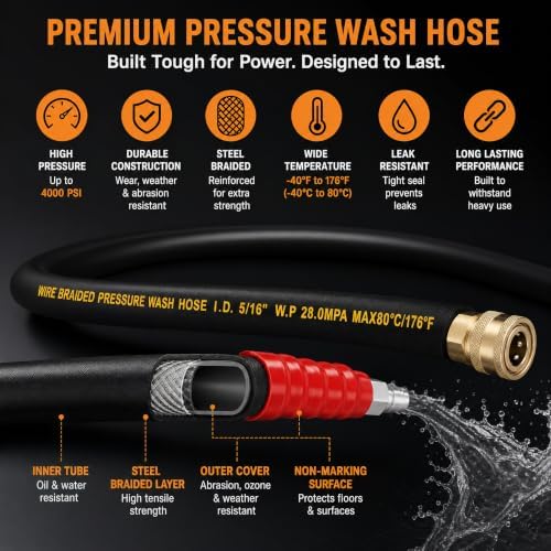 LIULO TOOL 50 FT Pressure Washer Hose with 3/8" Quick Connect, 4000 PSI Kink Resistant High Tensile Wire Power Washer Hose - Image 6