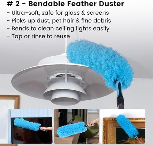 Ceiling Fan Duster Kit 5-in-1 – Screw-On Cobweb Duster, Squeegee & Microfiber Heads – Washable Bendable – Fits Standard 3/4" Threaded Extension Pole – House Cleaning Kit, Blue - Image 4