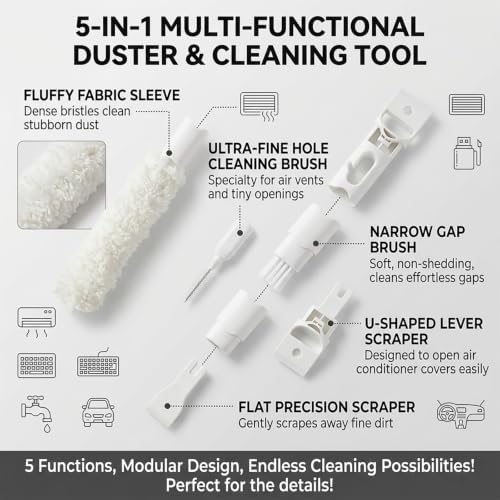 5-in-1 Window Blind Duster with 2 Microfiber Sleeves, Detail Cleaning Brush for Air Conditioner Vent, Shutter, Fan Blade, Keyboard, Nozzle - Image 2