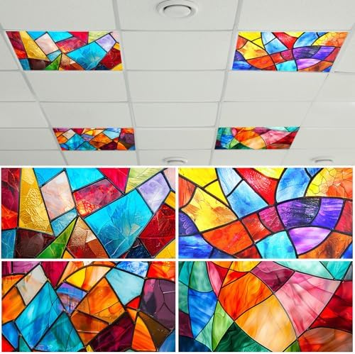 4 Pcs Fluorescent Light Covers for Classroom Ceiling Light 4 x 2 Feet Decorative Magnetic Lights Cover Filters Easy Install for School Office Home Hospitals Drop Ceiling Supplies (Retro Stained Glass) by Wiooffen