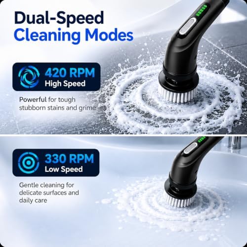 Highyes Electric Spin Scrubber for Bathroom, IPX7 Waterproof Shower Scrubber with Extendable Long Handle, Bathroom Cleaning Scrubber with 7 Reusable Brush Heads (Black) - Image 3