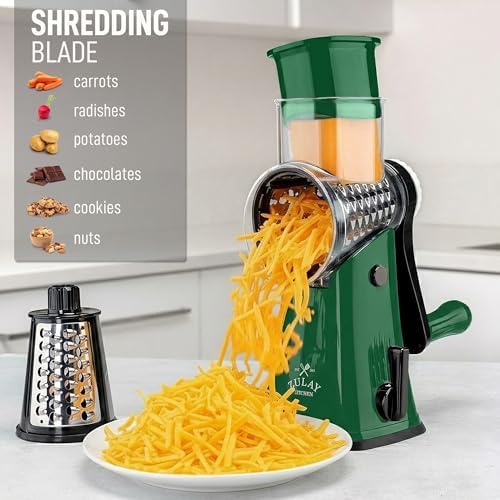 Rotary Cheese Grater Manual Hand Crank 5 Blade Shredder, Green & Black - Image 3