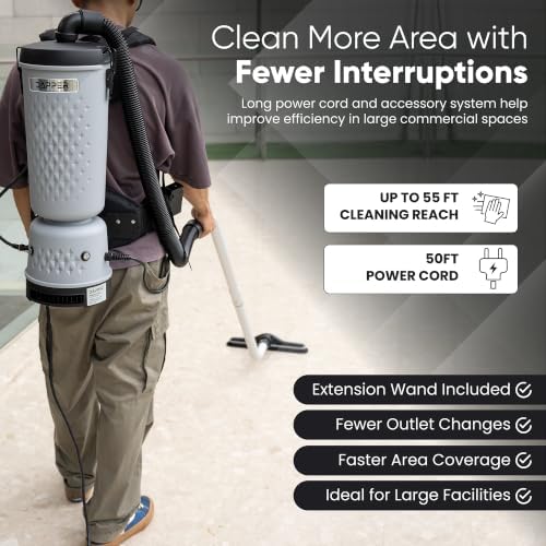 Dapper Commercial Backpack Vacuum Cleaner, 13 lb Lightweight HEPA Filter, 10.5 Qt Capacity, 50 Ft Cord, 1200W for Hard Floors, Carpet, Stairs & Offices - Image 4