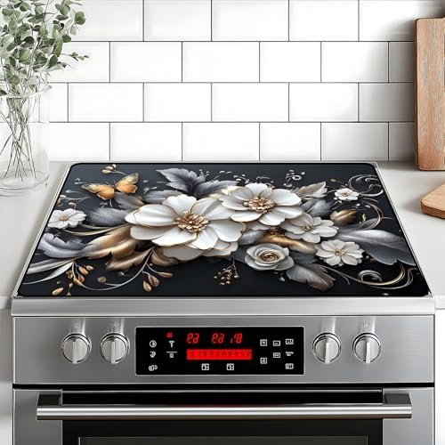 White flower Stove Top Cover Retro Flower Gas Stove Top Cover for Home Decoration Kitchen Pad Non-Stick Washable Cooktop Covers Countertop Protector Keep Stove Clean 28"x20" by BVBOX