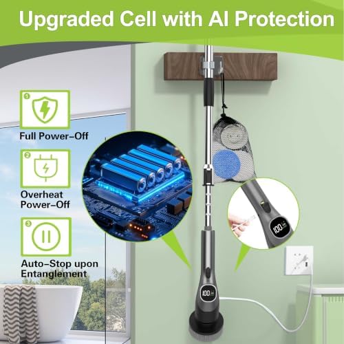 WKY-Electric Spin Scrubber - 10-in-1 Cordless Shower Scrubber & Cleaning Brush with Extendable Handle, 42 in-lbs Ultra High Torque, 2 Speeds, IPX7, LED Display, Smart AI Chip, for Bathroom, Kitchen - Image 4