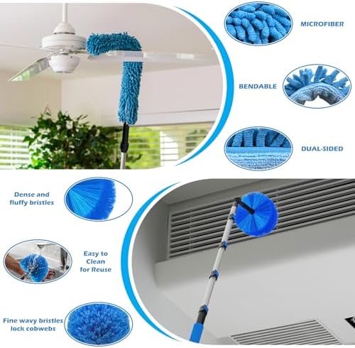 25FT Reach High Ceiling Duster Kits with 5-20FT Adjustable Pole - Includes Extra Long Duster, High Ceiling Duster, Rotatable Window Squeegee & Cobweb Duster for Ceiling Fans and Whole House Cleaning - Image 6