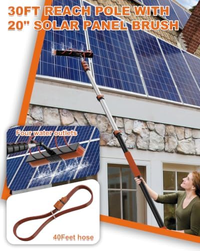 30Ft Reach Solar Panel Cleaning Brush Kit with 5-24ft Telescoping Pole, Water Fed Window Cleaner Tool with 20" Brush, Soap Dispenser, Cobweb Duster, Squeegee for Roof, RV, Gutter, Boat, Deck - Image 2