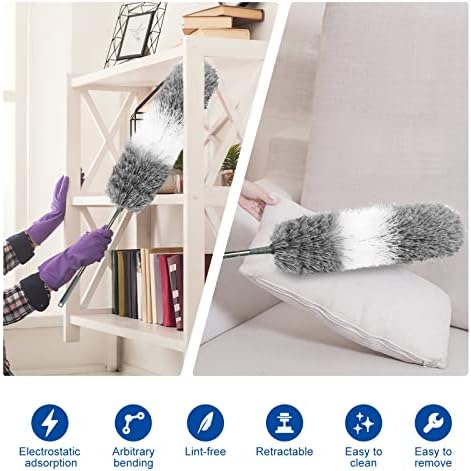 Microfiber Feather Dusters for Cleaning, Extendable Duster with 110" Extension Pole & 2pcs Replaceable Bendable Head, Cleaner Supplies Duster Tool for Ceiling Fan Furniture Cars Home Kitchen Gadgets - Image 6