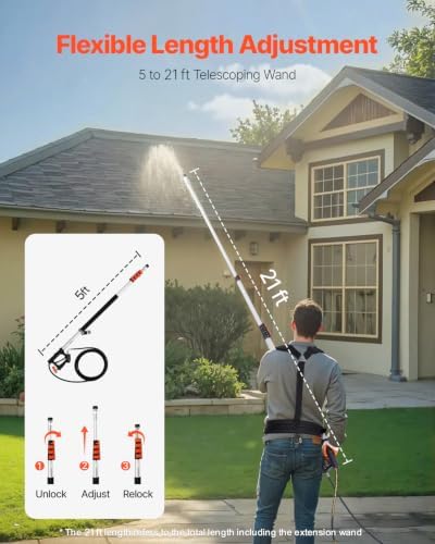 VEVOR Pressure Washer Telescoping Wand, 21 ft, 4000 psi, Telescopic Spray Wand with Power Washer Extension Wands, Gutter Cleaner, Brush Head, Pivoting Coupler, 7 Spray Nozzles and Support Harness - Image 2
