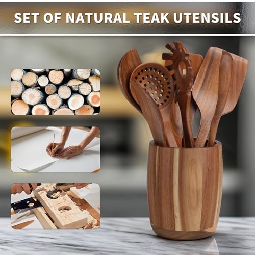 9 PCS Kitchen Utensils Set - Wooden Spoons for Cooking, Natural Teak Wooden Utensils - Includes Wooden Spoons, Spatula Set, Slotted Spoon - Handmade Wooden Spoon Set - Image 5
