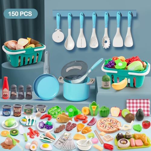 150Pcs Kitchen Playset, Toddlers Pretend Cooking Cookware Accessories, Food, Picnic Blanket, Fruits, Veges, 2Pack Shopping Storage Basket, Dessert and Prop Money, Gift for Kids (Turquoise) - Image 2