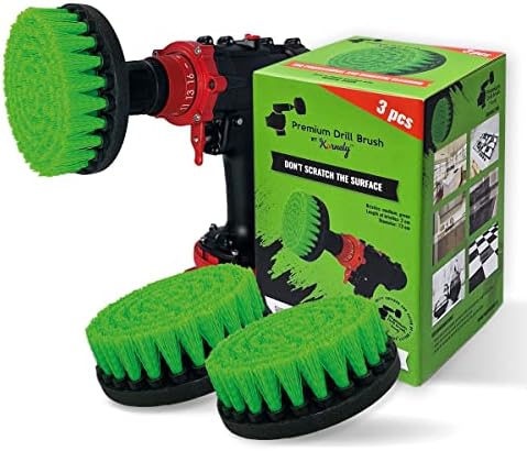 Premium Drill Brush Professional – Medium-Stiff 5 in Green Set of 3 | Scratch-Free Kitchen Cleaning Brush for Ovens, Hobs, Worktops, Floor Tiles, Linoleum and Greasy Cookware by Kornelypowerscrubbers