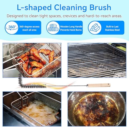 4-Piece Professional Deep Fryer Cleaning Kit - Commercial Stainless Steel Set with Dual-Layer Basket Brush, 3-in-1 Grill Scraper, L-Shape Brush & Drain Wand - Image 3