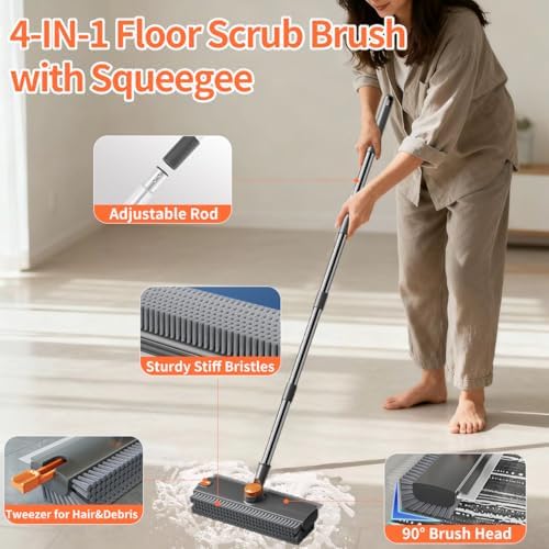 3 in 1 Floor Scrub Brush,Floor Scrubber with Squeegee and Tweezer, Push Broom with Long Handle,Heavy-Duty Stiff 90° Bristle Broom for Patio,Shower, Garage,Deck,Tile, Concrete & Wood Surface - Image 3