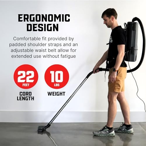 Commercial Lightweight Backpack Bagged Vacuum Cleaner, for Carpet and Hard Floors, 50-Foot Cord, by Rhino - Image 4