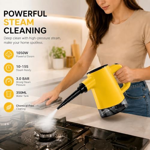 Handheld Steam Cleaner for Home, 1200W Pressurized Steamer with 12 Accessories, Self-Cleaning Mode, Touch Panel, 2 Levels, 212F Chemical-Free for Grout, Kitchen, Bathroom, Car, Window, Yellow - Image 5