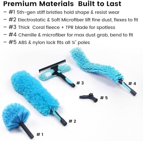 Ceiling Fan Duster Kit 5-in-1 – Screw-On Cobweb Duster, Squeegee & Microfiber Heads – Washable Bendable – Fits Standard 3/4" Threaded Extension Pole – House Cleaning Kit, Blue - Image 2