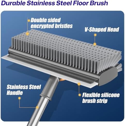 3-in-1 Floor Scrub Brush with Long Handle, Scrape and Heavy-Duty Stiff Bristle Floor Scrubber Brush with Squeegee and Tweezer for Cleaning Tile Kitchen Wall Deck Bathroom Patio Garage - Image 6