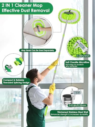 2 in 1 Lightweight Wall Cleaner Mop with Long Handle 75" 190cm Ceiling Duster Lint-Free Chenille Fiber Mop for Kitchen Baseboard Floor Glass Window Roof Cleaning Washer Scrubber Brush Tool Wet Dry Use - Image 2