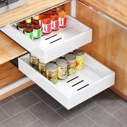 2Pack Pull out Cabinet Organizer, 21"Deep, Heavy Duty Full-extension Slide out Drawers for Kitchen Cabinet, Roll out Shelf Storage with Nano Adhesive for Pots,12"W x 21"D x 3.1"H, White by Kitstorack