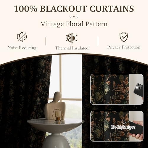 StangH Retro Black Floral 100% Blackout Curtains 96 Inches 2 Panels - Image 5