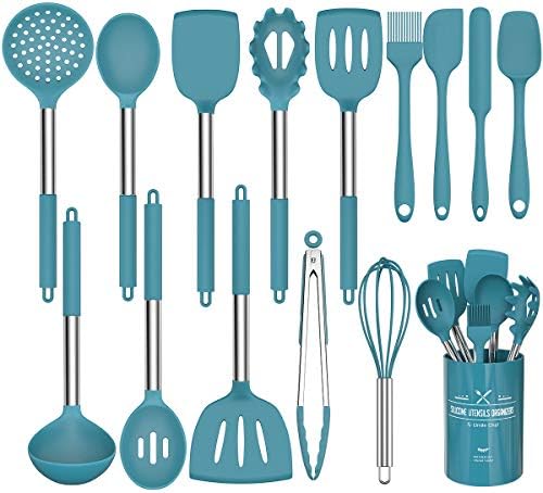 15 Pcs Silicone Cooking Utensils Kitchen Utensil Set - Umite Chef 446°F Heat Resistant Stainless Steel Handles Kitchen Gadgets Tools Set for Nonstick Cookware(Blue) by UmiteChef