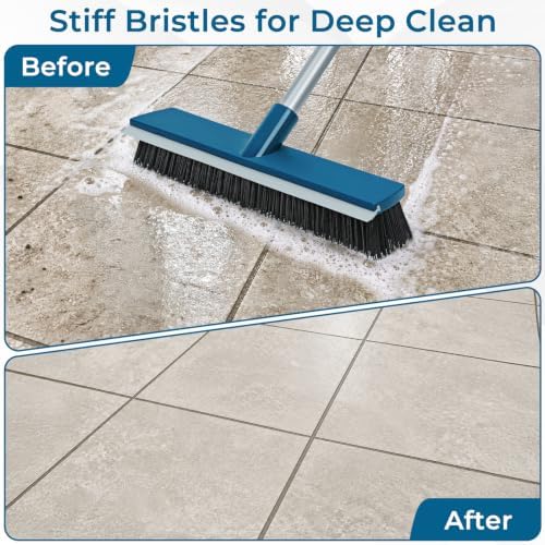 16-Inch Push Broom Outdoor with Rubber Squeegee and 58" Long Handle, 2 in 1 Commercial Broom Brush with Stiff Bristles for Deck Patio Garage Warehouse Driveway Concrete Floor Cleaning Scrubbing - Image 3