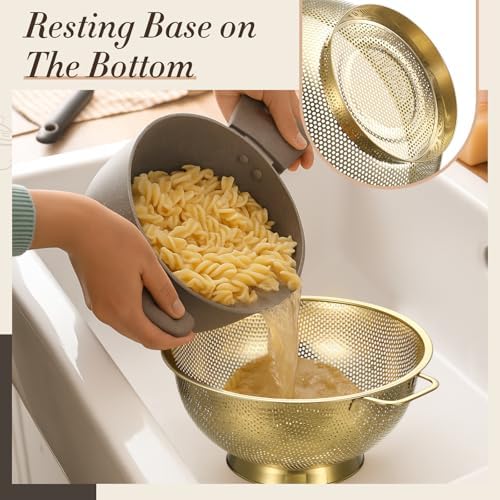 Sawysine 5 Pcs Gold Kitchen Appliances Includes 4 Quart Gold Colander and 2 Pcs Strainer Set, Lemon Squeezer, Stainless Steel 4 Sides Grater Slicer with Handle for Kitchen - Image 3