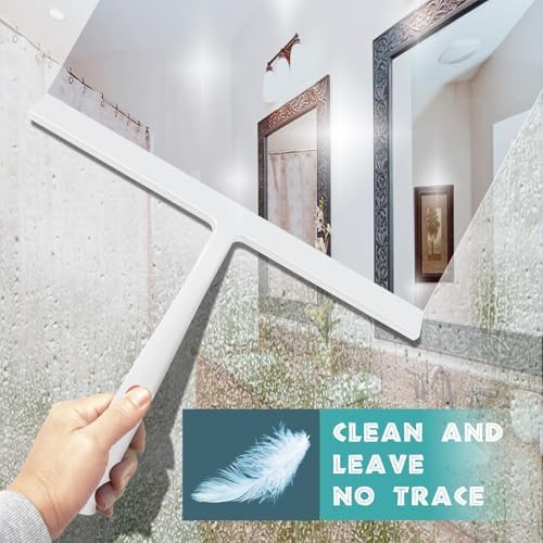 Squeegee for Shower Door 14 Inch Wide Blade, 11 Inch Short Handle One-Piece Silicone with Stainless Steel Core, Non-Slip Grip Window Squeegee for Bathroom Mirror Car Windshield, Aluminum Hook (White) - Image 6