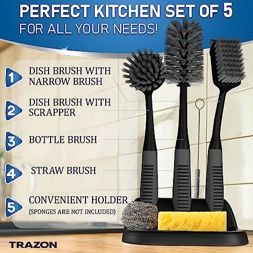 Dish Brush Set of 5 with Holder - Kitchen Scrub Brushes with Non-Slip Long Handle for Cleaning, Scrubber, Dishwashing, Dishes, Bottles, Straws, Cups, Pots & Sink, Black - Image 2
